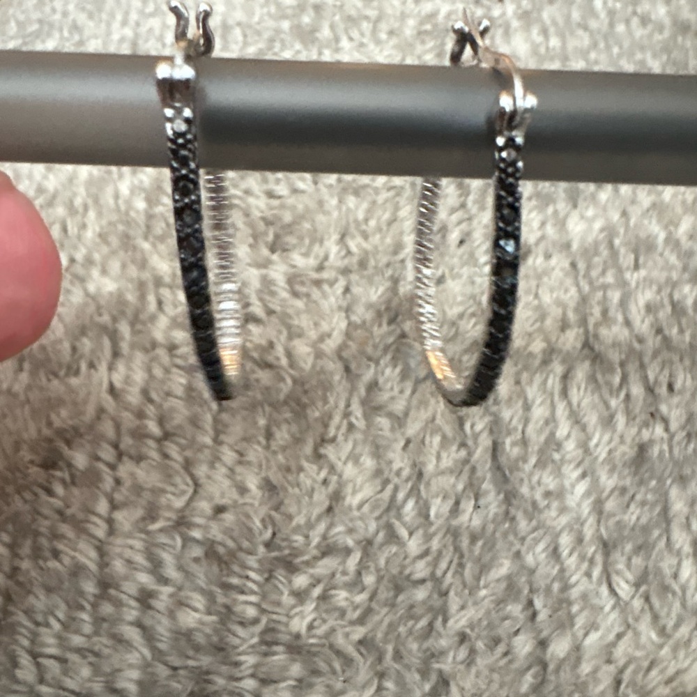 EUC stamped .925 black diamond oval hoop earrings